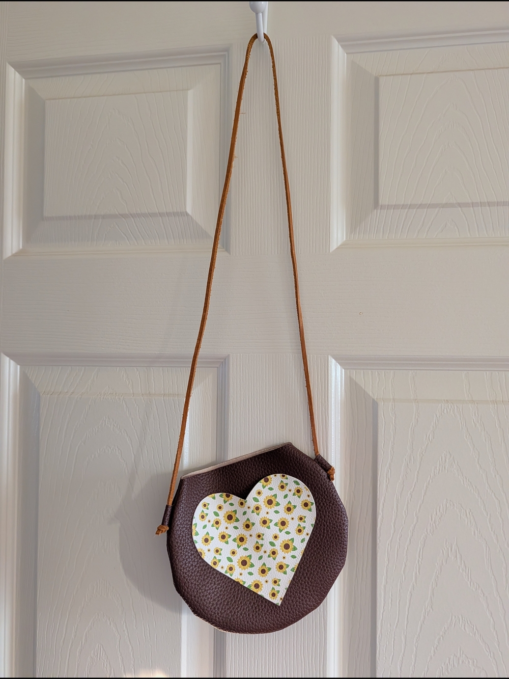 Small Shop Handmade Purse Kids Brown Heart Crossbody Bag with Sunflower Print